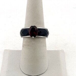 Estate Sterling Silver 925 Ring w/ Faceted Black Onyx & Red Garnet Oval, Size 7